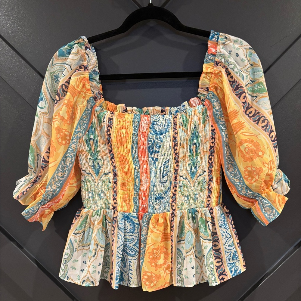 NWOT Flying Tomato Yellow and Blue Peplum Blouse with Flutter Sleeves